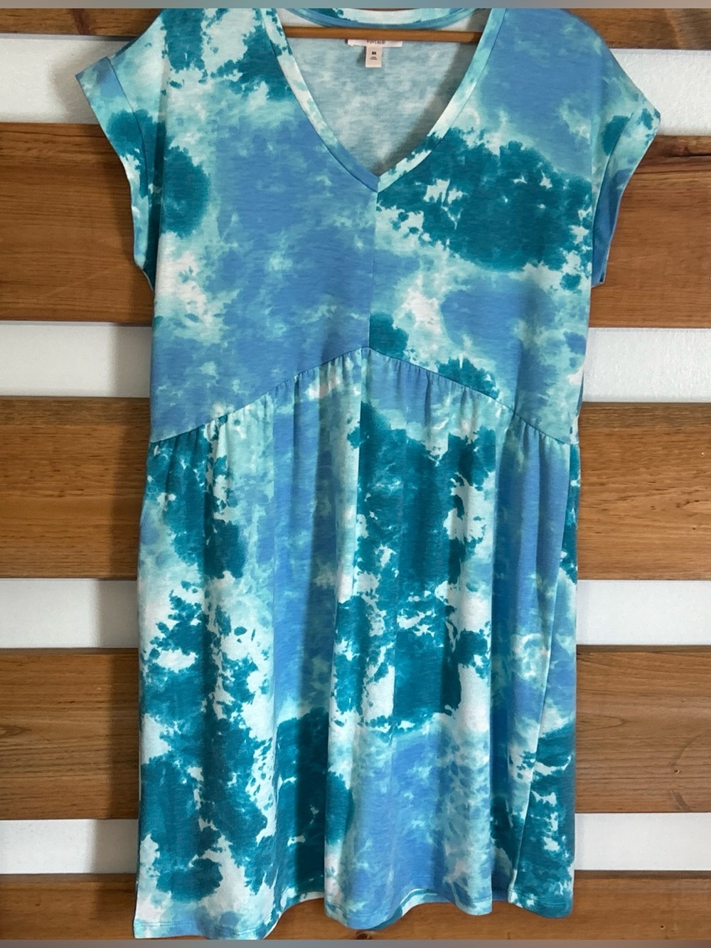Como Vintage Blue Tie-Dye Empire-Waist V-Neck Boho Vacation Dress Size Medium